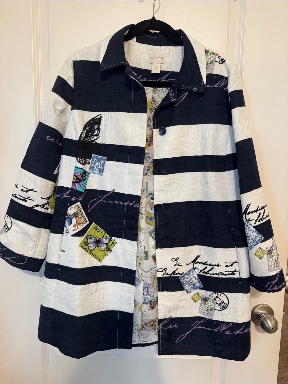 Chico's Navy and White Striped Embroidered Button Jacket